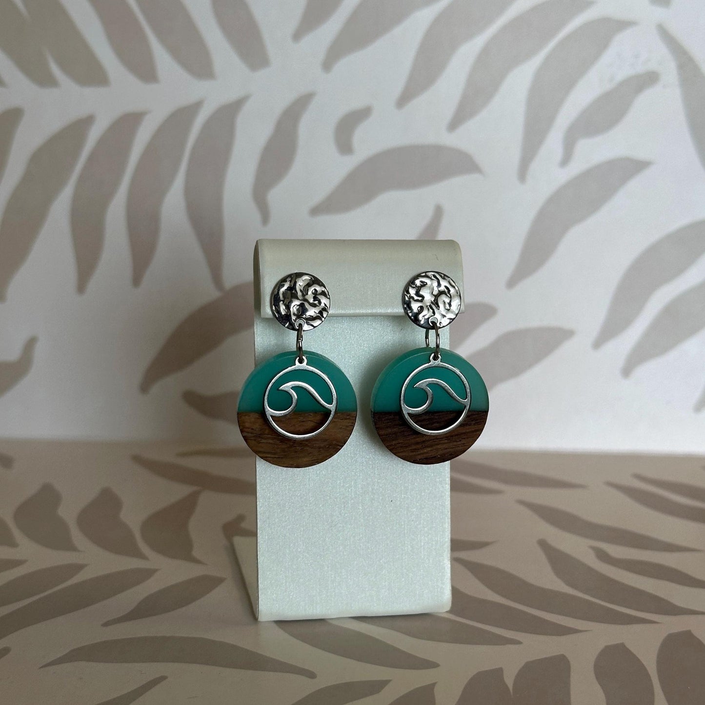 Wave and Wood Round Earrings; Beach, Ocean, Vacation, Sun, Cruise Accessories and Jewelry - Shella Bella