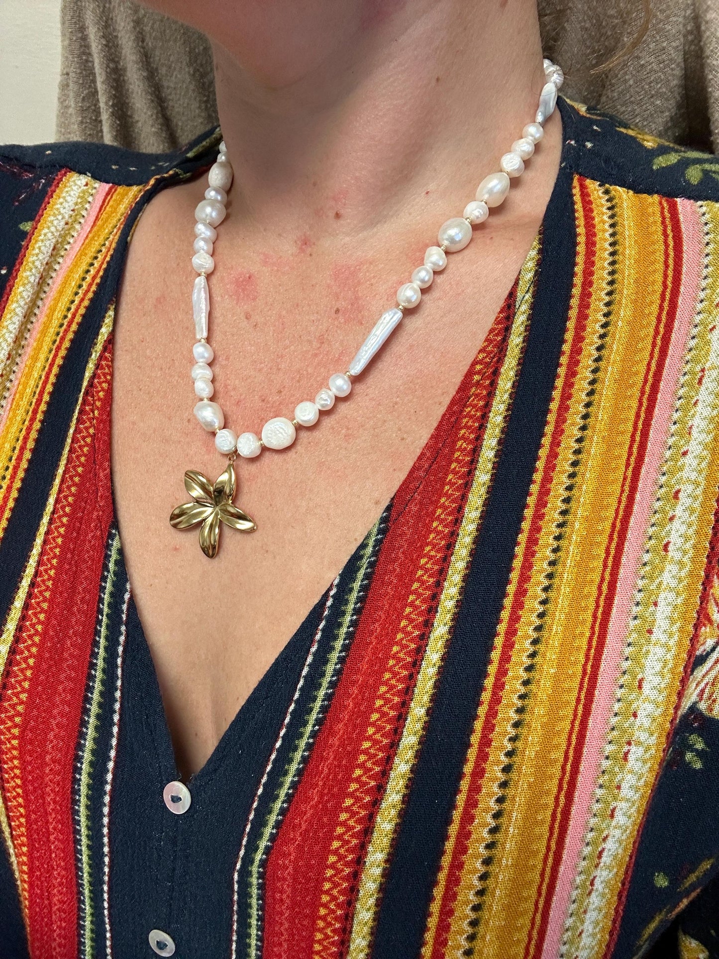 Plumeria Pendant and Multi shape Pearl Necklace; Beach, Ocean, Vacation, Sun, Cruise Accessories and Jewelry - Shella Bella