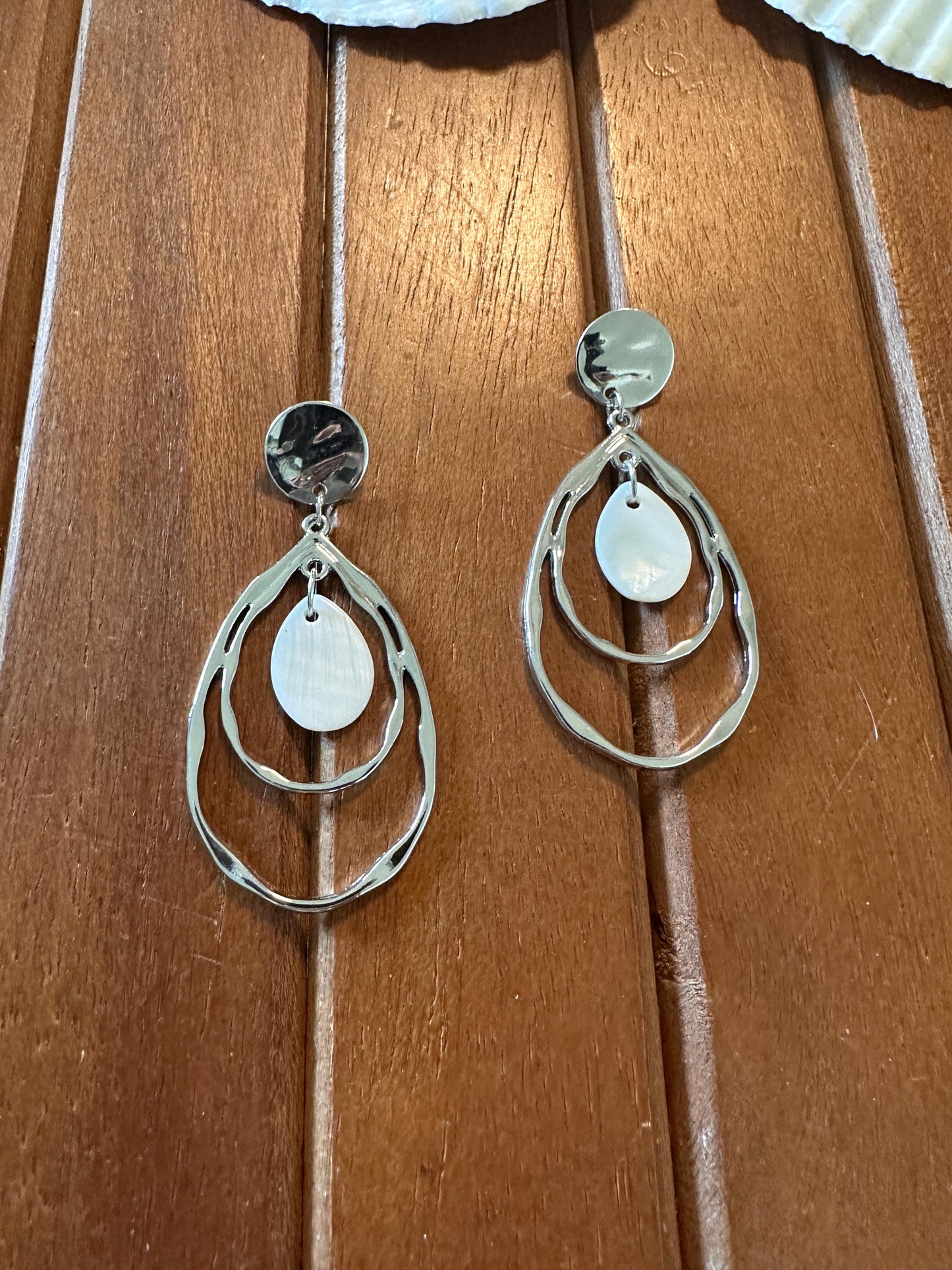 Hammered Teardrops and Natural Seashell Handmade Earrings; Beach, Ocean, Vacation, Sun, Cruise Accessories and Jewelry - Shella Bella