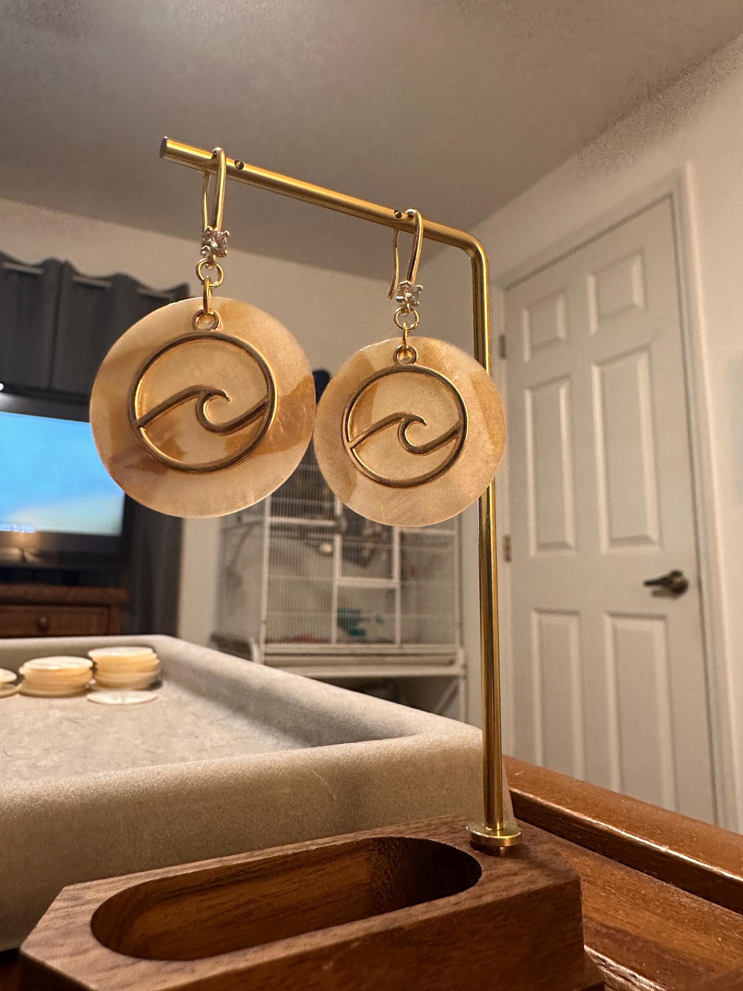 Gold Wave and Large Natural Seashell Handmade Earrings; Beach, Ocean, Vacation, Sun, Cruise Accessories and Jewelry - Shella Bella