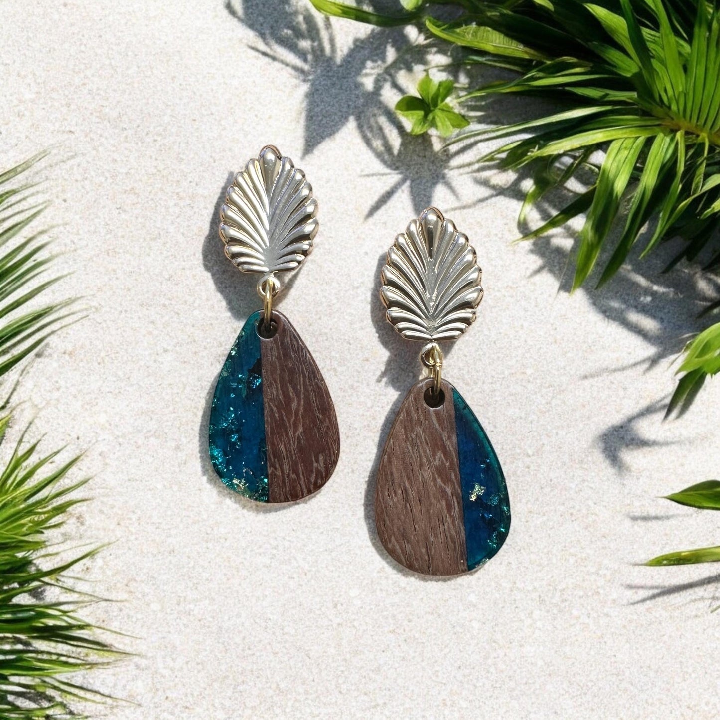 Tear Drop wood and acrylic Gold Leaf Handmade Earrings; Beach, Vacation, Sun, Cruise Accessories and Jewelry - Shella Bella