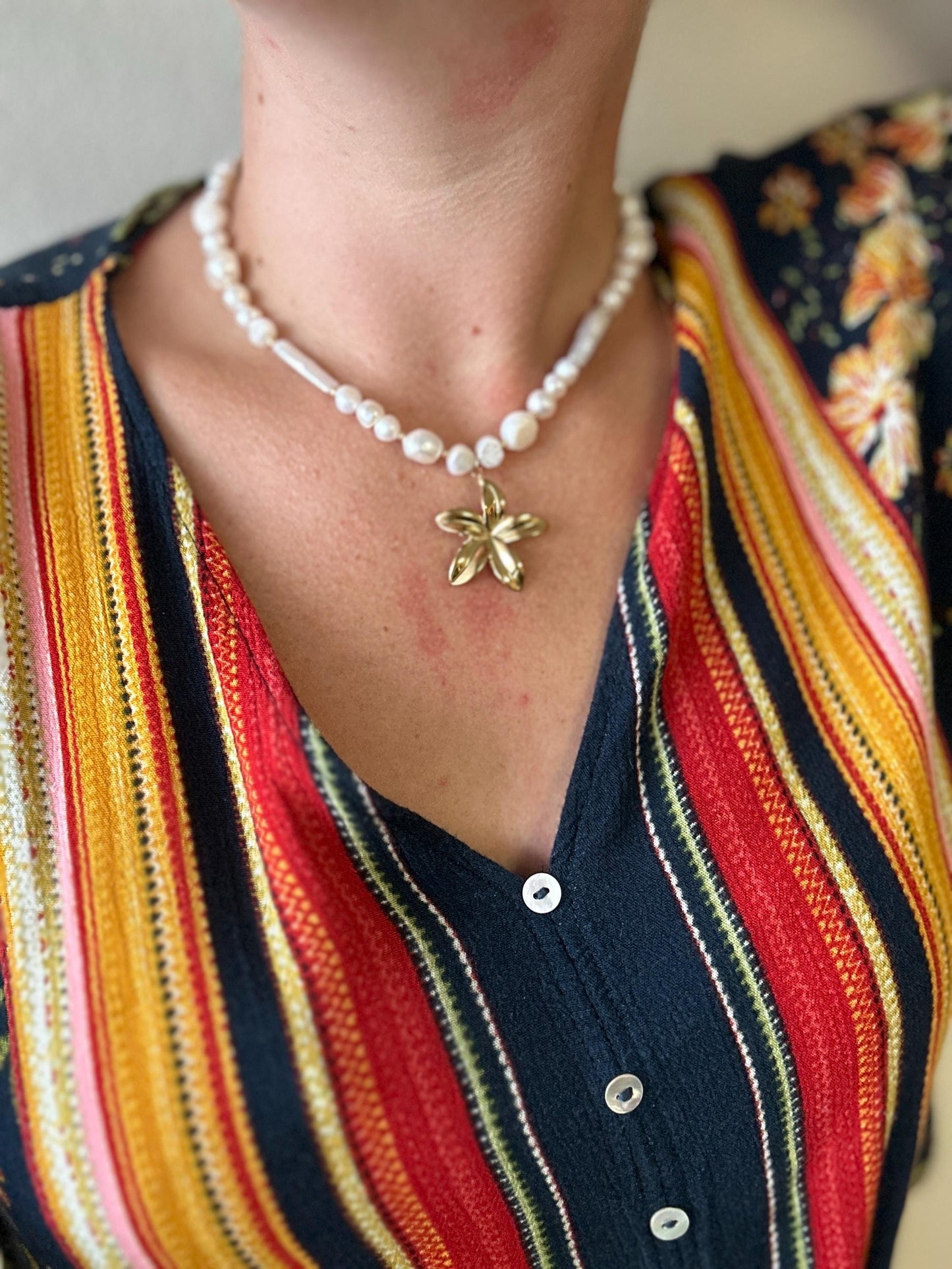 Plumeria Pendant and Multi shape Pearl Necklace; Beach, Ocean, Vacation, Sun, Cruise Accessories and Jewelry - Shella Bella