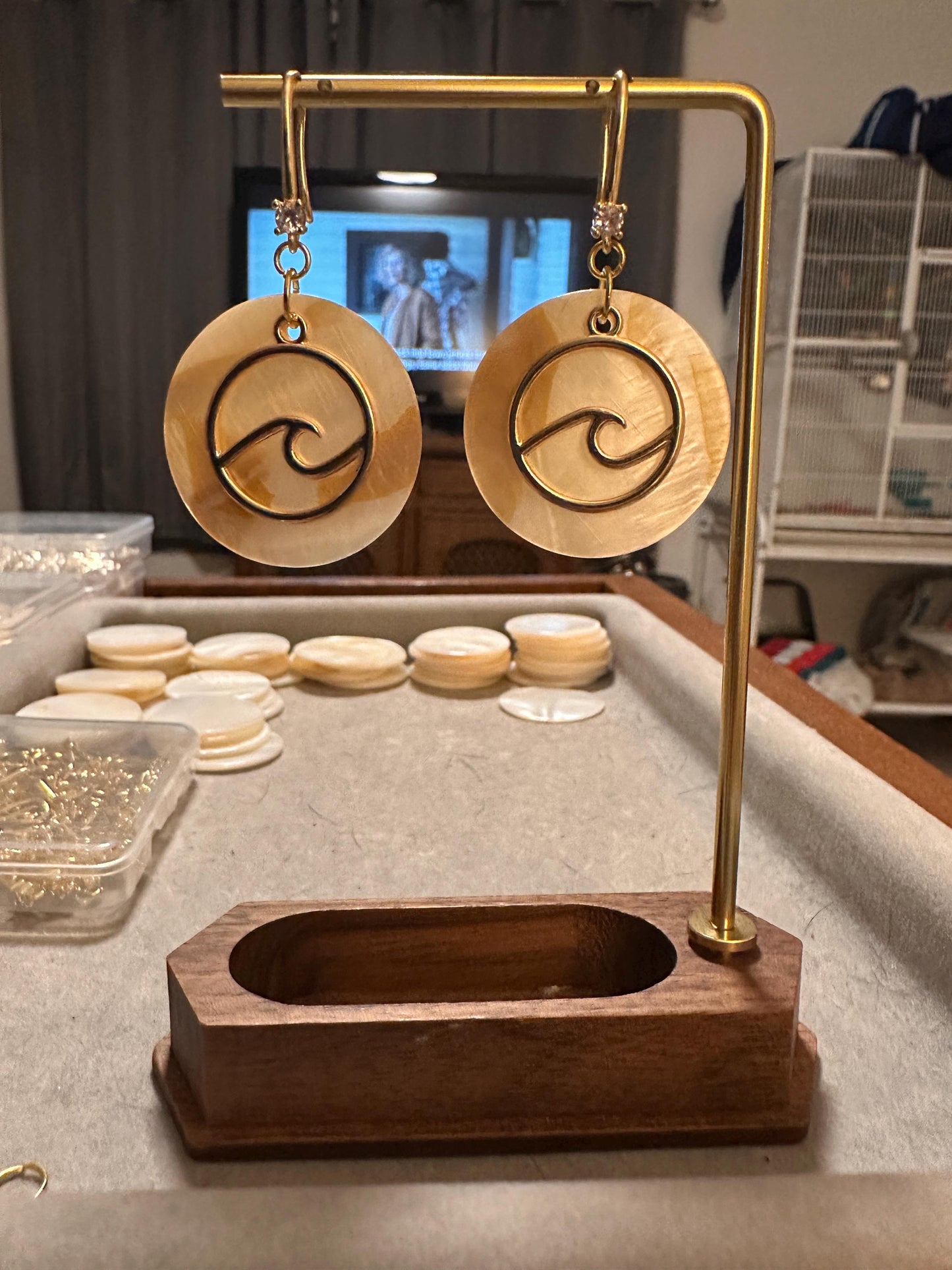 Gold Wave and Large Natural Seashell Handmade Earrings; Beach, Ocean, Vacation, Sun, Cruise Accessories and Jewelry - Shella Bella