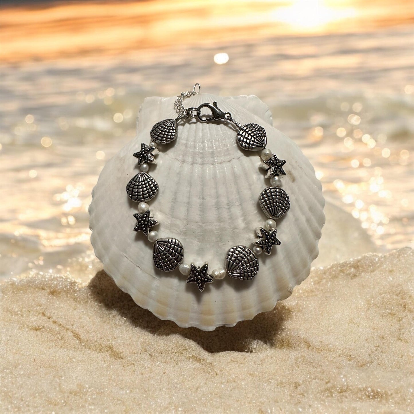 Seashell and Starfish Freshwater Pearls Beaded Handmade Coastal Bracelets - Shella Bella Vacation Florida Beach Gold Silver