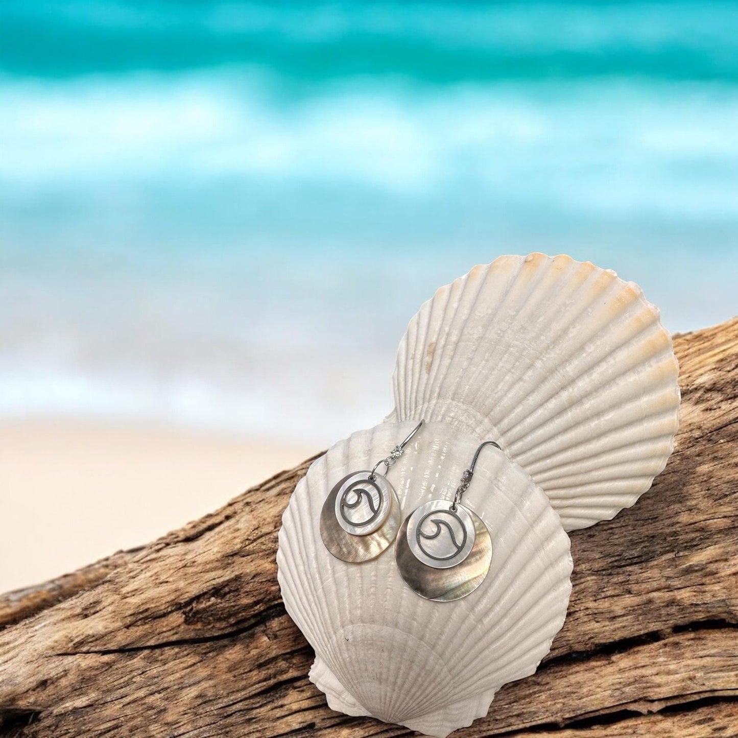 Wave and Shell Handmade Earrings; Beach, Ocean, Vacation, Sun, Cruise Accessories and Jewelry - Shella Bella