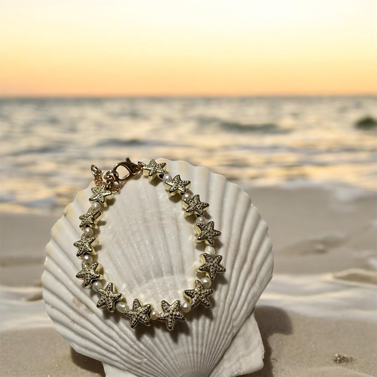 Seashell and Starfish Freshwater Pearls Beaded Handmade Coastal Bracelets - Shella Bella Vacation Florida Beach Gold Silver