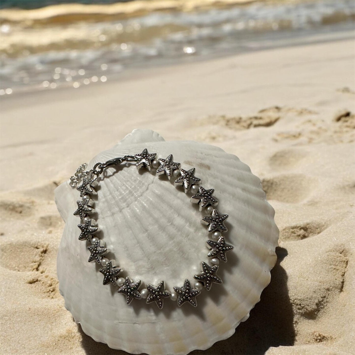 Seashell and Starfish Freshwater Pearls Beaded Handmade Coastal Bracelets - Shella Bella Vacation Florida Beach Gold Silver