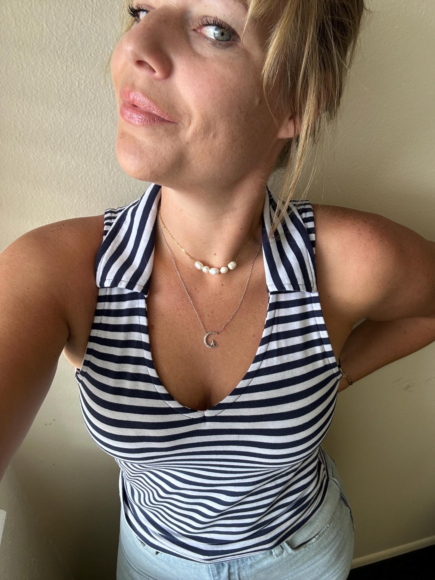 Pearl Necklace adjustable length stainless steel chain rice pearls.