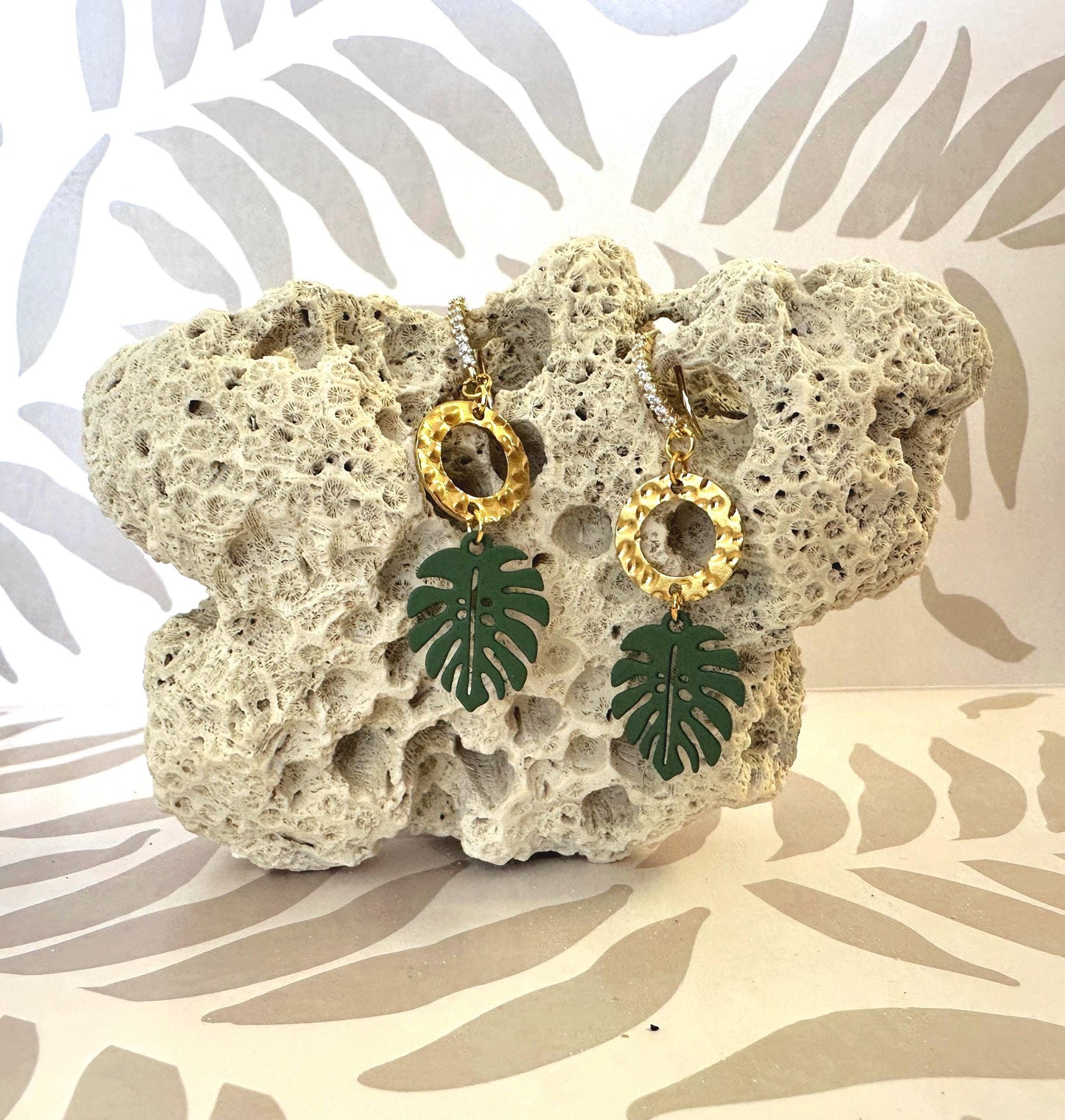 Monstera Leaf and Gold Accent Handmade Earrings; Beach, Ocean, Vacation, Sun, Cruise Accessories and Jewelry - Shella Bella