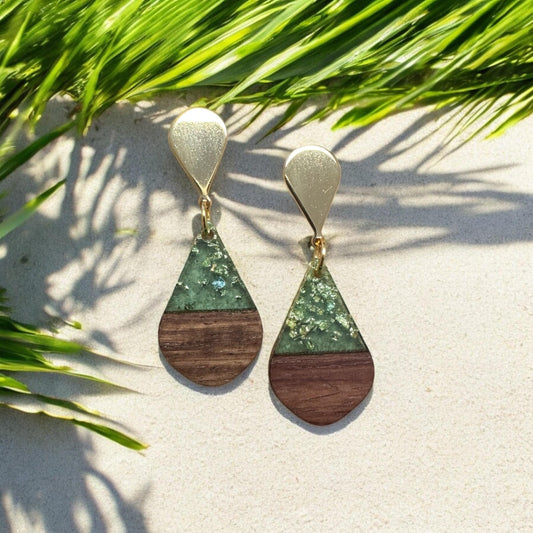 Tear Drop wood and acrylic Gold Leaf Handmade Earrings; Beach, Vacation, Sun, Cruise Accessories and Jewelry - Shella Bella