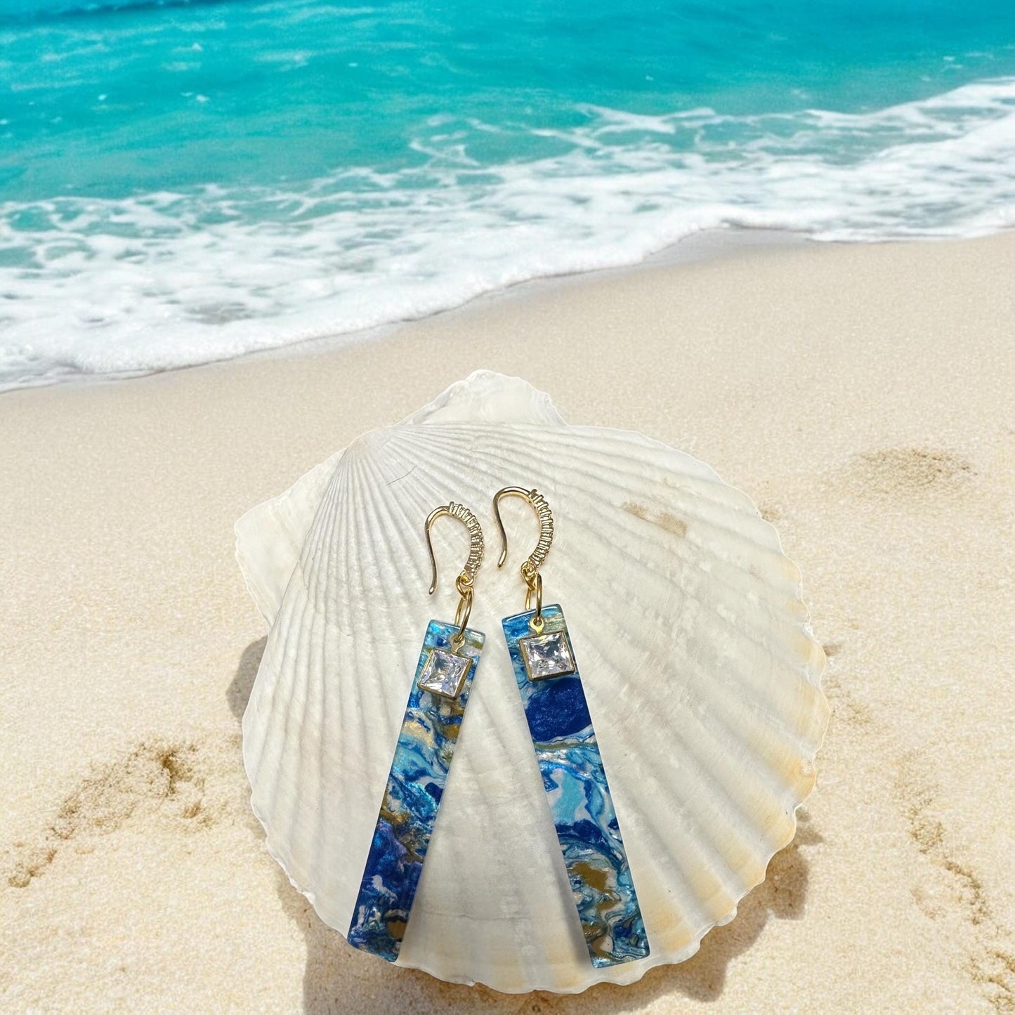 Acrylic Shorebreak with Cubic Zirconia Handmade Earrings; Beach, Ocean, Vacation, Sun, Cruise Accessories and Jewelry - Shella Bella