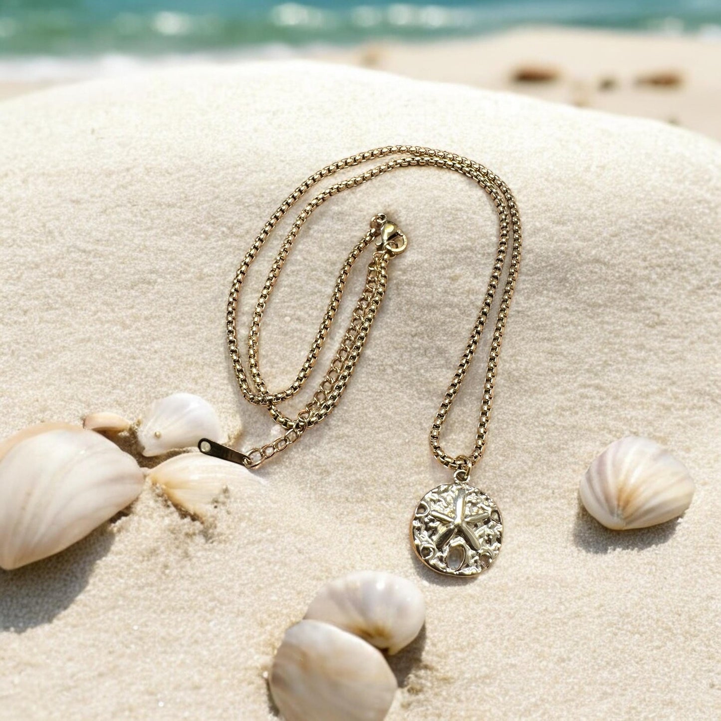 Gold Sand Dollaer Charm Necklace; Beach, Ocean, Vacation, Sun, Cruise Accessories and Jewelry - Shella Bella