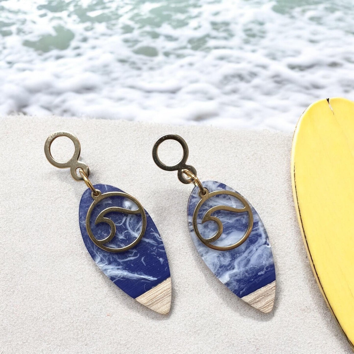 Wave and Surfboard Handmade Earrings; Beach, Ocean, Vacation, Sun, Cruise Accessories and Jewelry - Shella Bella