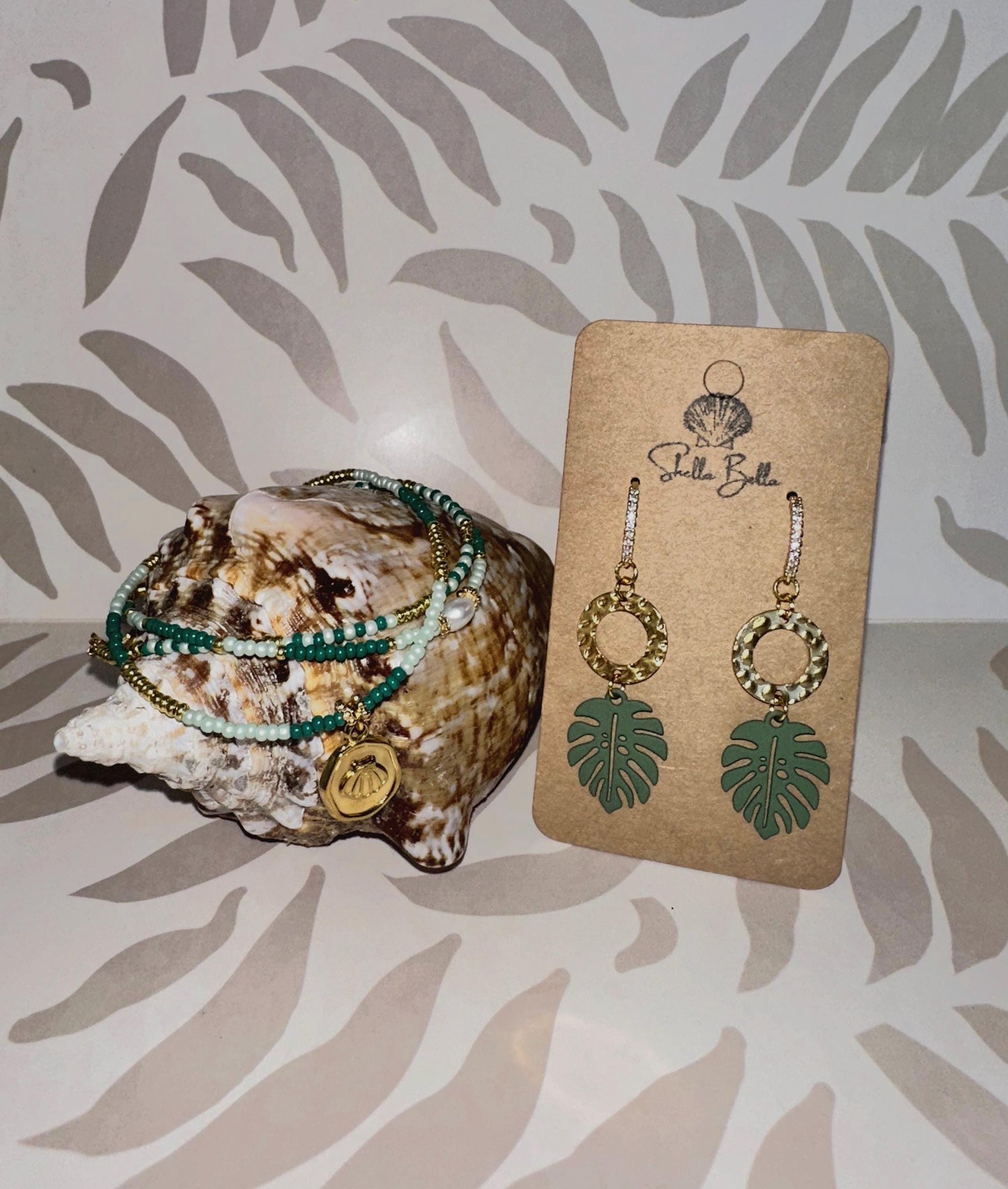 Monstera Leaf and Gold Accent Handmade Earrings; Beach, Ocean, Vacation, Sun, Cruise Accessories and Jewelry - Shella Bella