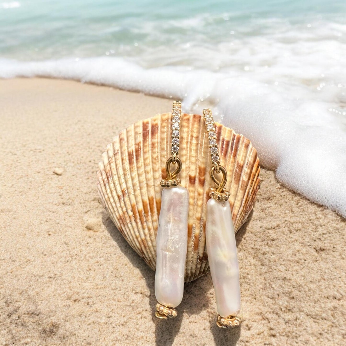 Vertical Pearl Drop Handmade Earrings; Beach, Ocean, Vacation, Sun, Cruise Accessories and Jewelry - Shella Bella