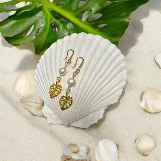 Leaf and Natural Pearls Handmade Earrings; Beach, Ocean, Vacation, Sun, Cruise Accessories and Jewelry - Shella Bella