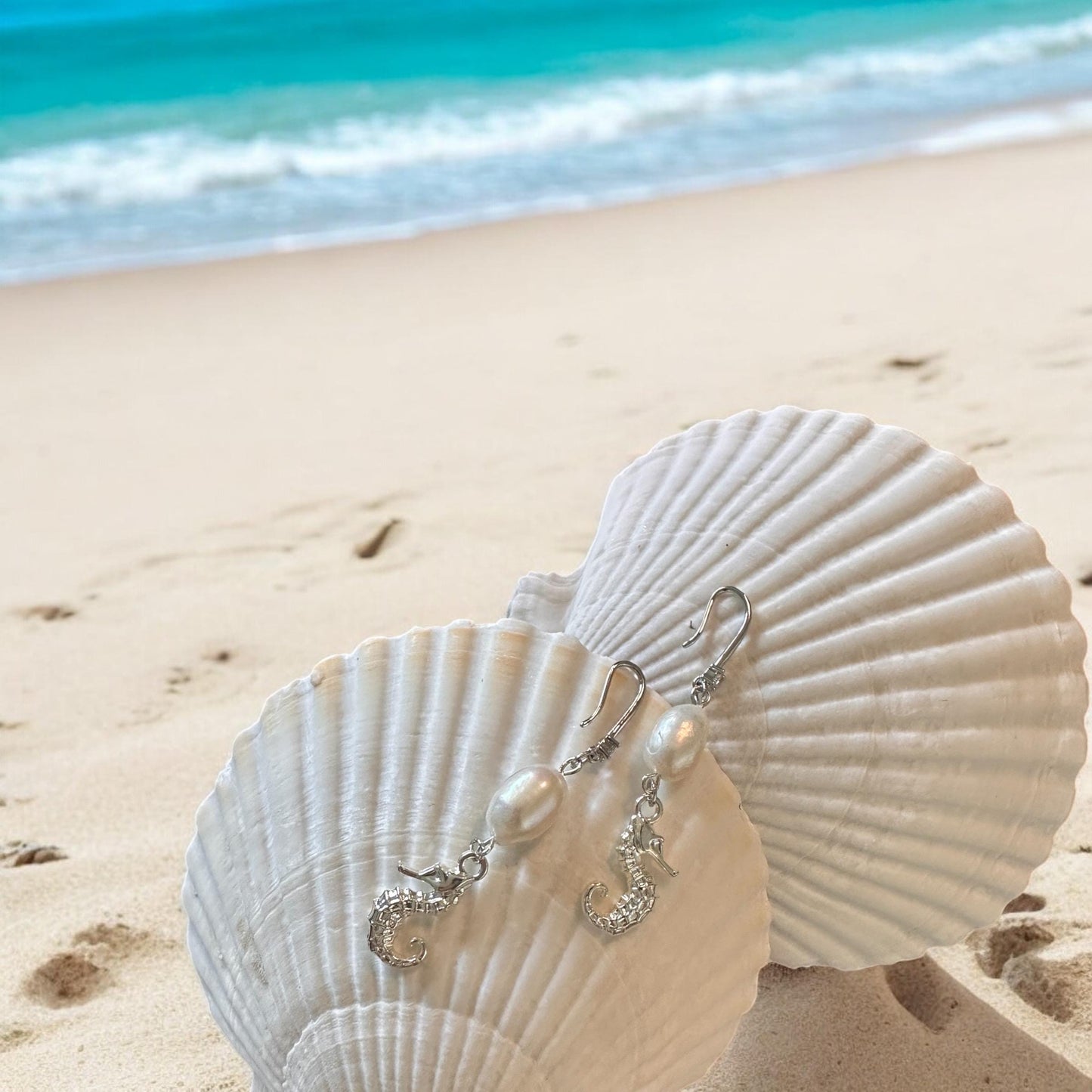 Seahorse and Natural Freshwater Pearls Handmade Earrings; Beach, Ocean, Vacation, Sun, Cruise Accessories and Jewelry - Shella Bella