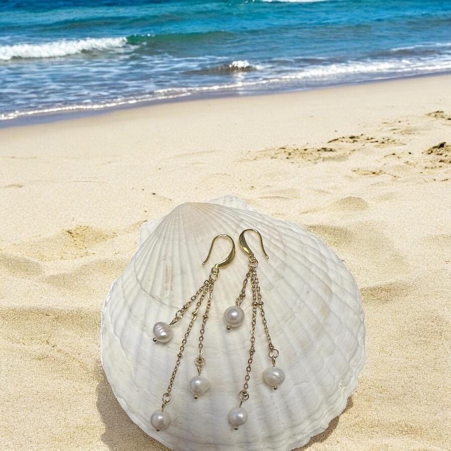 Triple Pearl Cascade Handmade Earrings; Boho, Beach, Ocean, Vacation, Sun, Cruise Accessories and Jewelry - Shella Bella