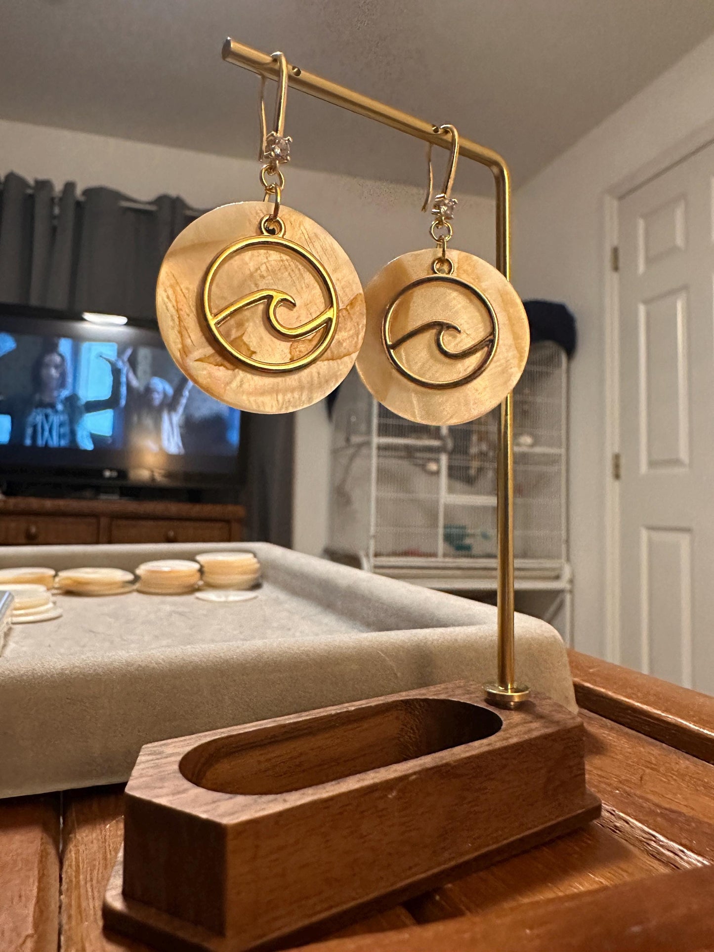 Gold Wave and Large Natural Seashell Handmade Earrings; Beach, Ocean, Vacation, Sun, Cruise Accessories and Jewelry - Shella Bella