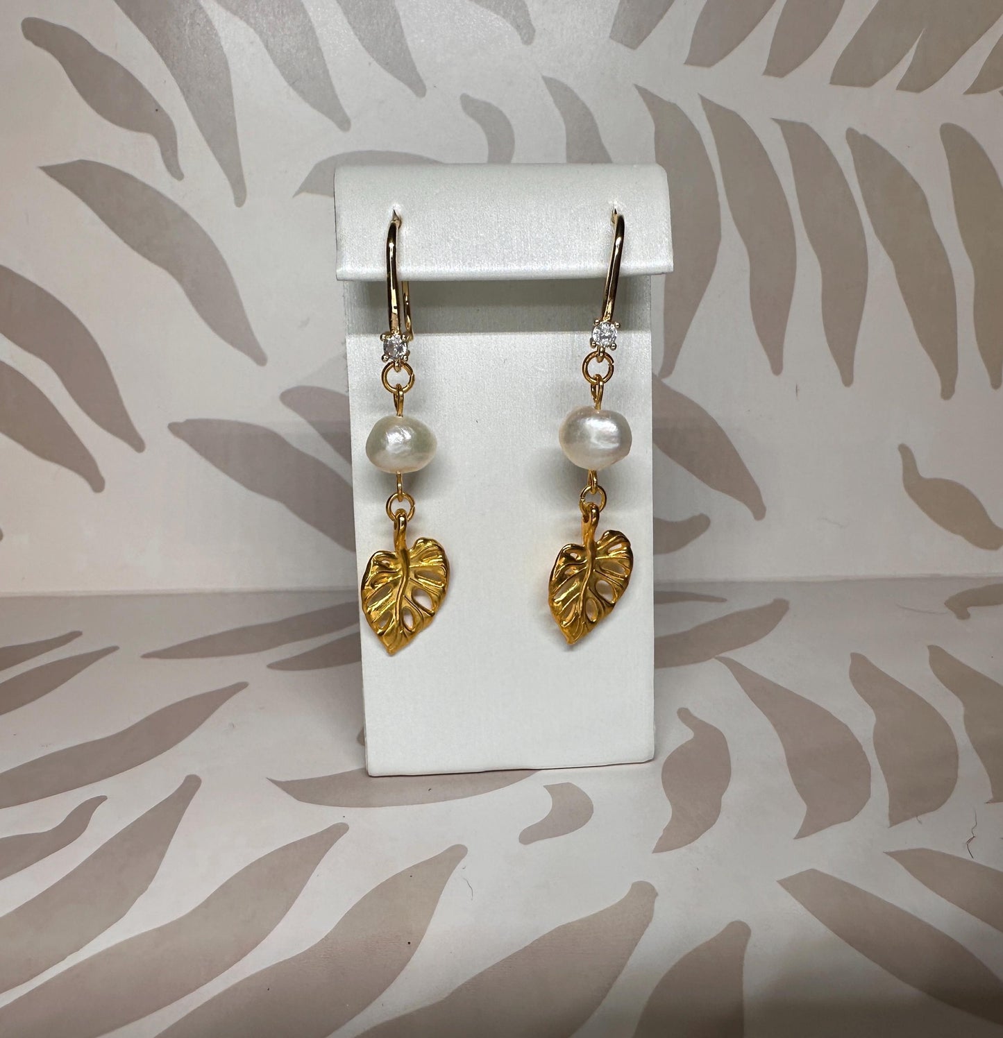 Leaf and Natural Pearls Handmade Earrings; Beach, Ocean, Vacation, Sun, Cruise Accessories and Jewelry - Shella Bella