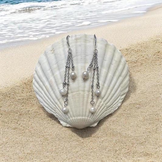 Triple Pearl Cascade Handmade Earrings; Boho, Beach, Ocean, Vacation, Sun, Cruise Accessories and Jewelry - Shella Bella
