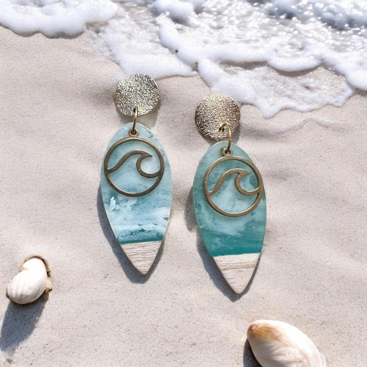Wave and Surfboard Handmade Earrings; Beach, Ocean, Vacation, Sun, Cruise Accessories and Jewelry - Shella Bella