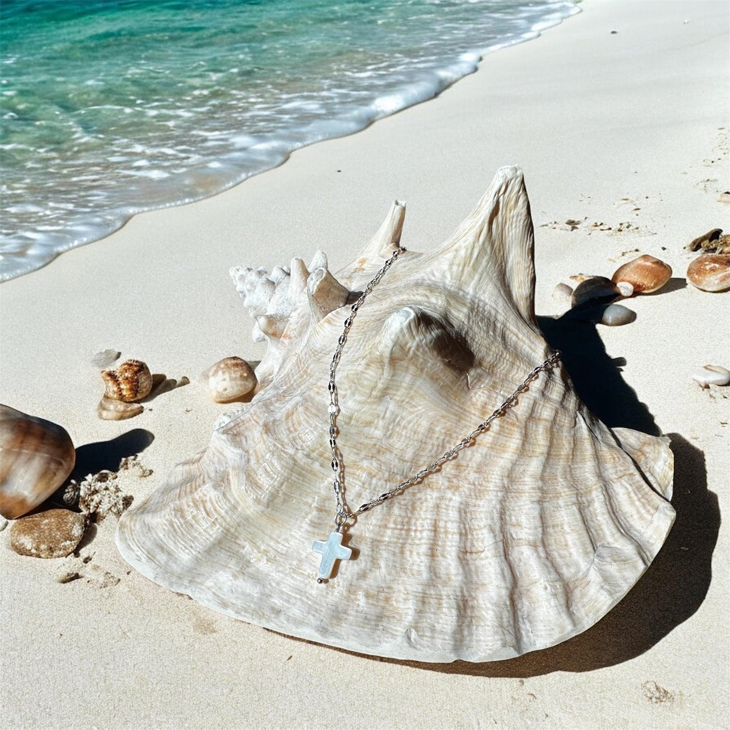 Mother of Pearl Cross Necklace; Beach, Ocean, Easter, Vacation, Sun, Cruise Accessories and Jewelry - Shella Bella