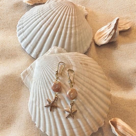 Starfish and Pearl Handmade Earrings; Beach, Ocean, Vacation, Sun, Cruise Accessories and Jewelry - Shella Bella