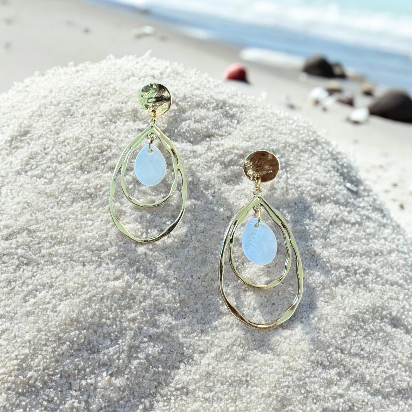 Hammered Teardrops and Natural Seashell Handmade Earrings; Beach, Ocean, Vacation, Sun, Cruise Accessories and Jewelry - Shella Bella