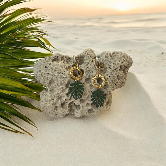 Monstera Leaf and Gold Accent Handmade Earrings; Beach, Ocean, Vacation, Sun, Cruise Accessories and Jewelry - Shella Bella