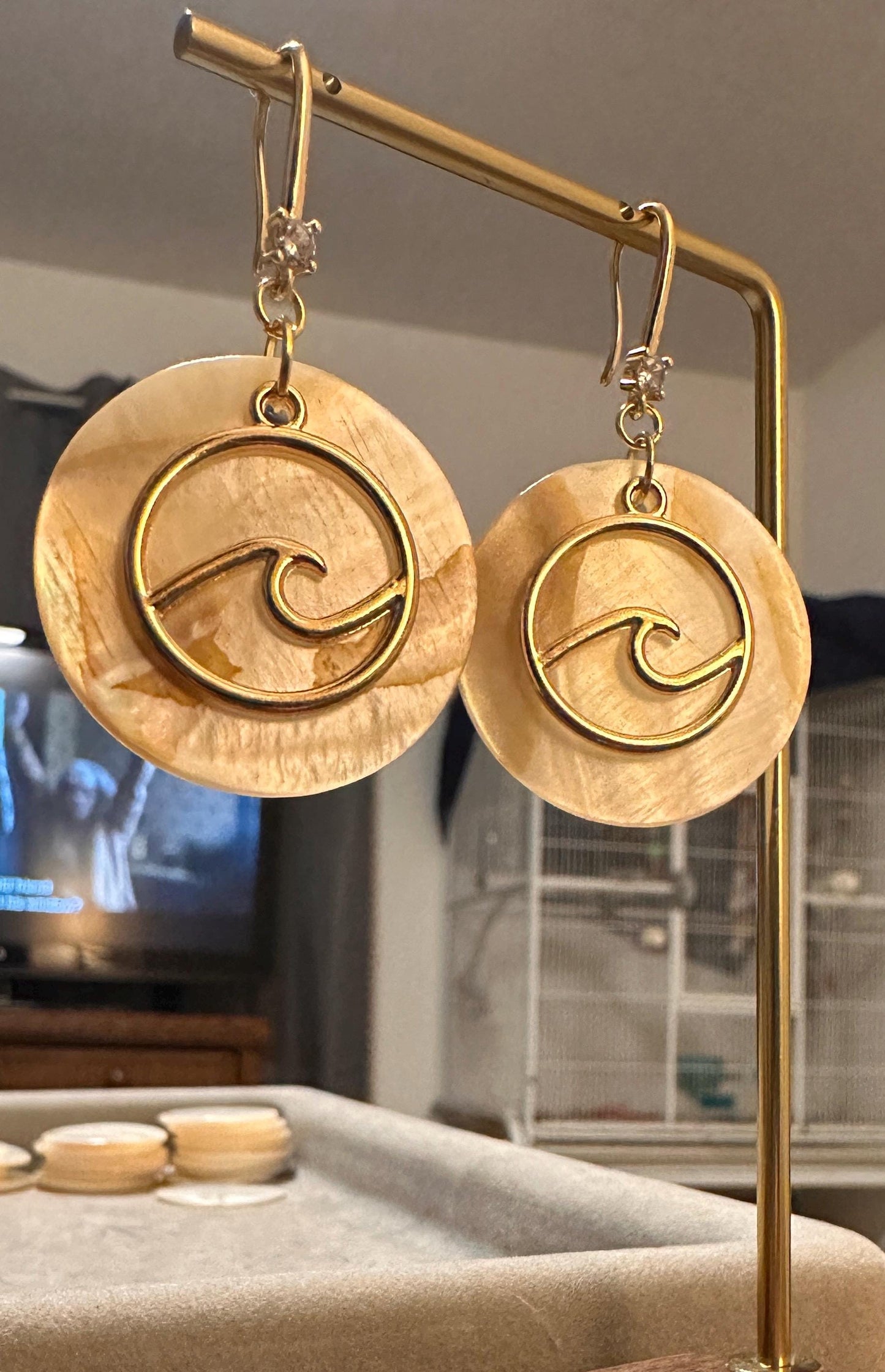 Gold Wave and Large Natural Seashell Handmade Earrings; Beach, Ocean, Vacation, Sun, Cruise Accessories and Jewelry - Shella Bella