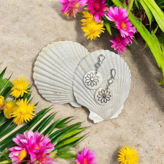 Flower and Shell Handmade Earrings; Beach, Ocean, Vacation, Sun, Cruise Accessories and Jewelry - Shella Bella