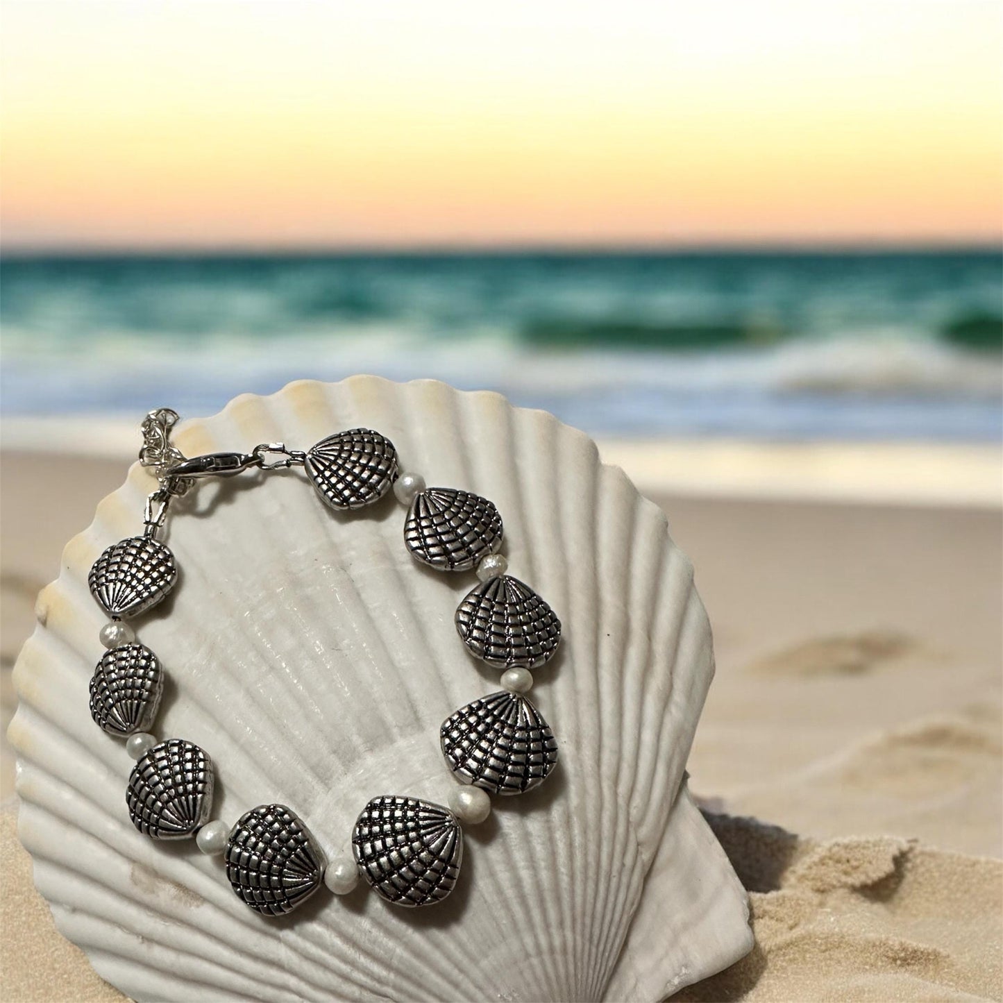 Seashell and Starfish Freshwater Pearls Beaded Handmade Coastal Bracelets - Shella Bella Vacation Florida Beach Gold Silver