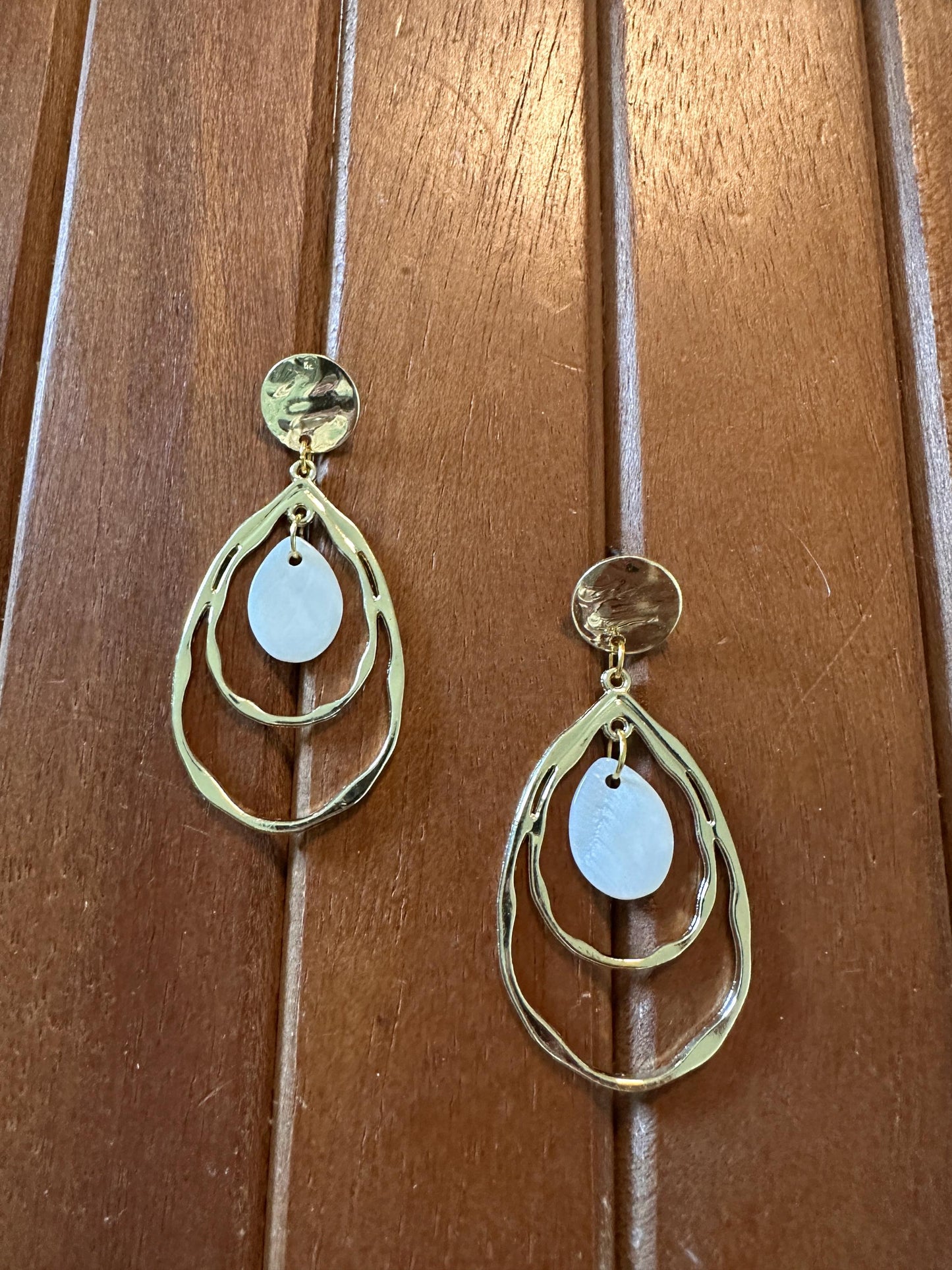 Hammered Teardrops and Natural Seashell Handmade Earrings; Beach, Ocean, Vacation, Sun, Cruise Accessories and Jewelry - Shella Bella