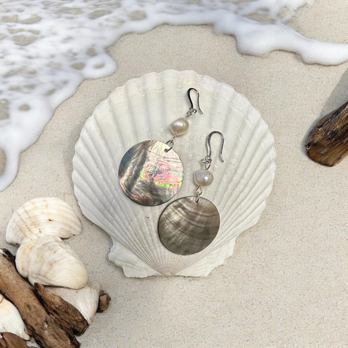 Black Mother of Pearl shell and Natural Pearl Handmade Earrings; Beach, Ocean, Vacation, Sun, Cruise Accessories and Jewelry - Shella Bella