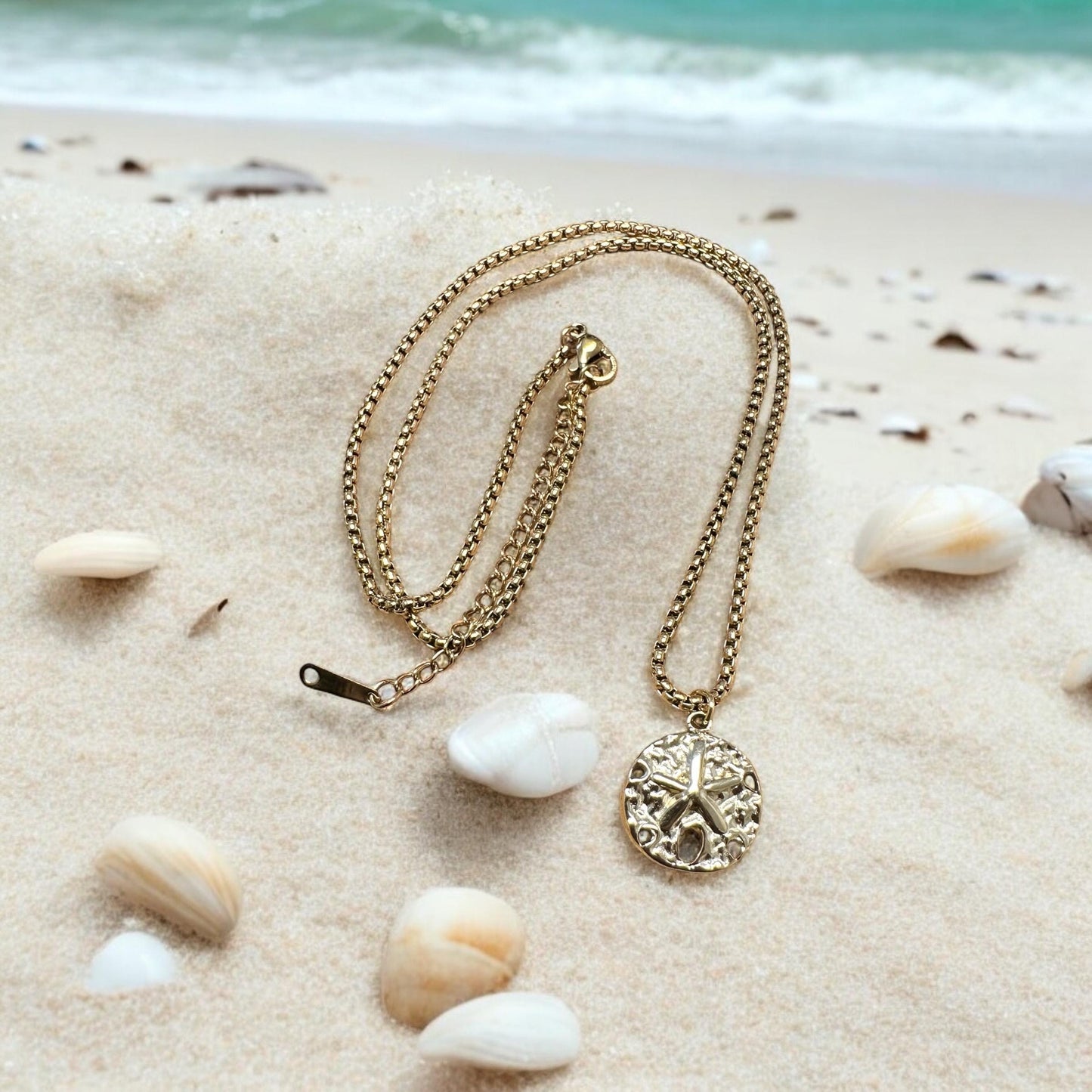 Gold Sand Dollaer Charm Necklace; Beach, Ocean, Vacation, Sun, Cruise Accessories and Jewelry - Shella Bella