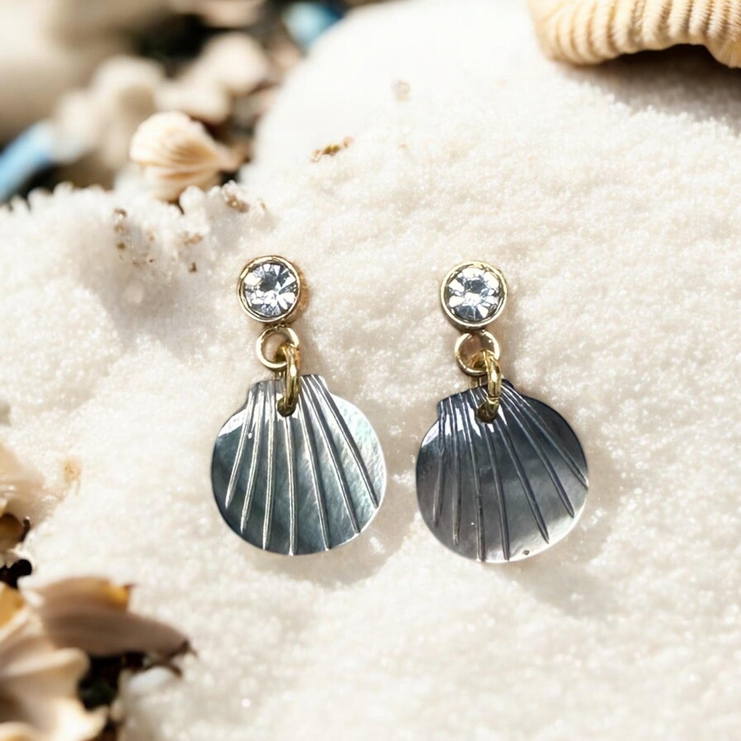 Black Mother of Pearl carved shell Handmade Earrings; Beach, Ocean, Vacation, Sun, Cruise Accessories and Jewelry - Shella Bella