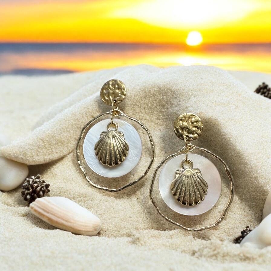 Scallop Seashell and Natural Shell Handmade Earrings; Beach, Ocean, Vacation, Sun, Cruise Accessories and Jewelry - Shella Bella
