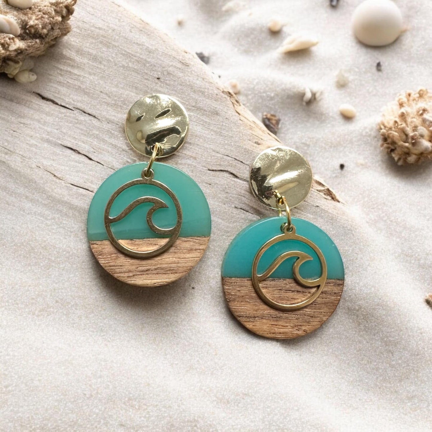 Wave and Wood Round Earrings; Beach, Ocean, Vacation, Sun, Cruise Accessories and Jewelry - Shella Bella