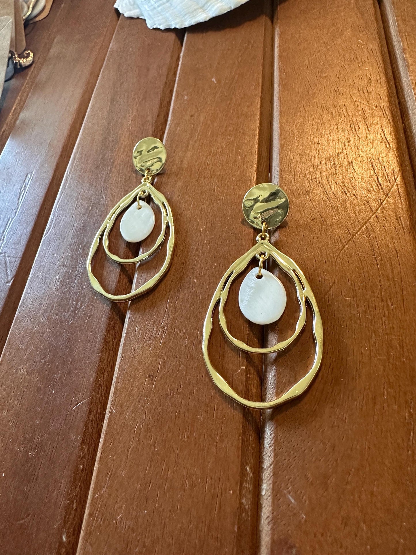 Hammered Teardrops and Natural Seashell Handmade Earrings; Beach, Ocean, Vacation, Sun, Cruise Accessories and Jewelry - Shella Bella