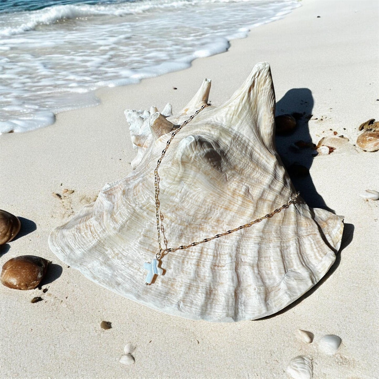 Mother of Pearl Cross Necklace; Beach, Ocean, Easter, Vacation, Sun, Cruise Accessories and Jewelry - Shella Bella