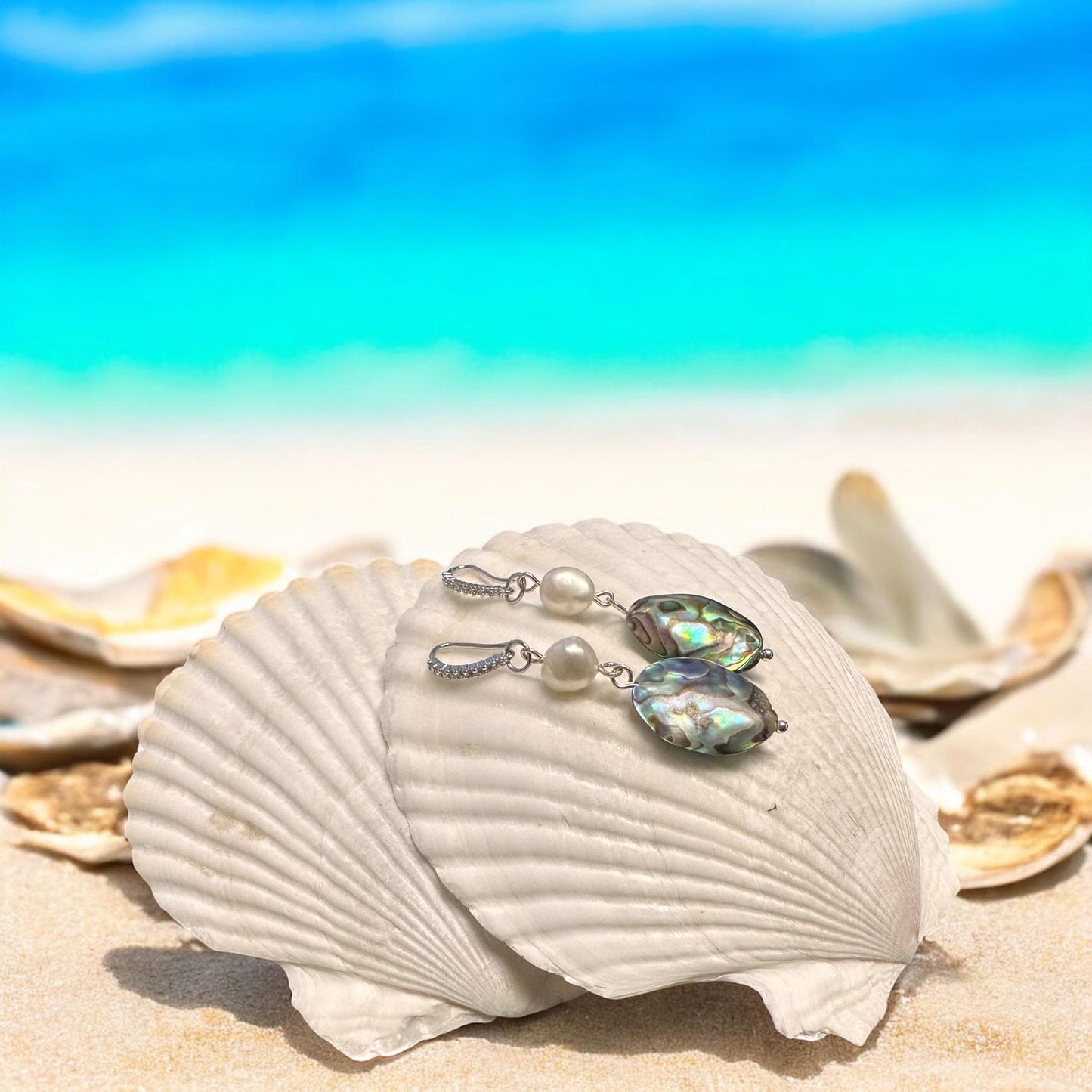 Abalone and Pearl Handmade Earrings; Beach, Ocean, Vacation, Sun, Cruise Accessories and Jewelry - Shella Bella