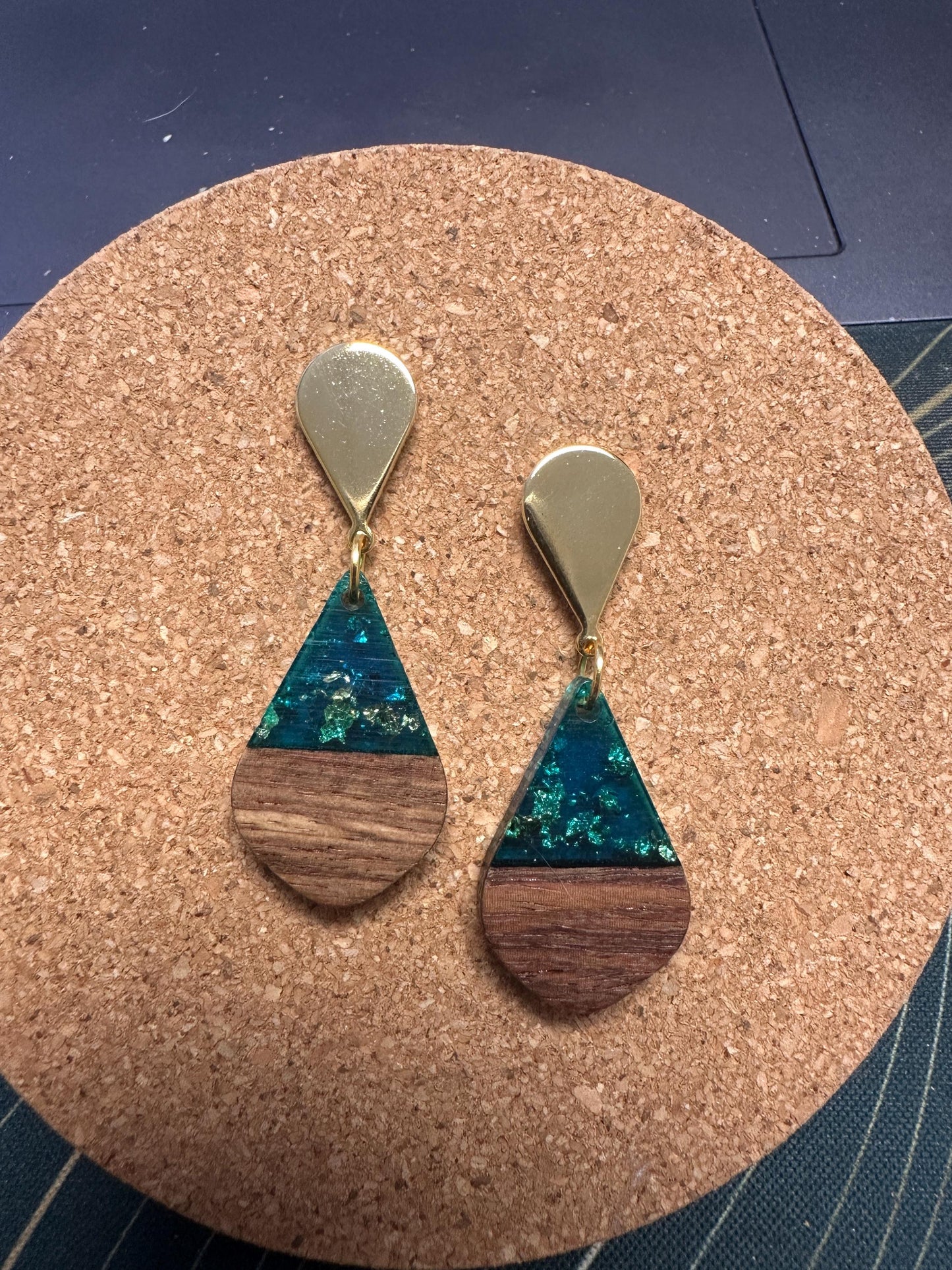 Tear Drop wood and acrylic Gold Leaf Handmade Earrings; Beach, Vacation, Sun, Cruise Accessories and Jewelry - Shella Bella