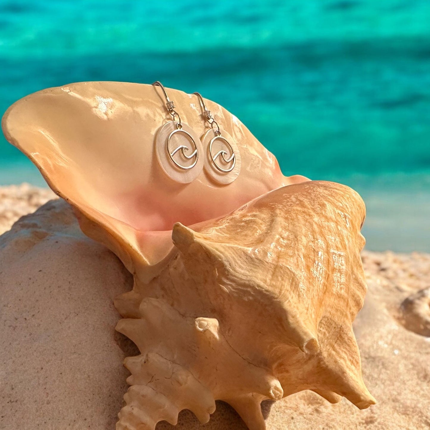 Gold Wave and Large Natural Seashell Handmade Earrings; Beach, Ocean, Vacation, Sun, Cruise Accessories and Jewelry - Shella Bella