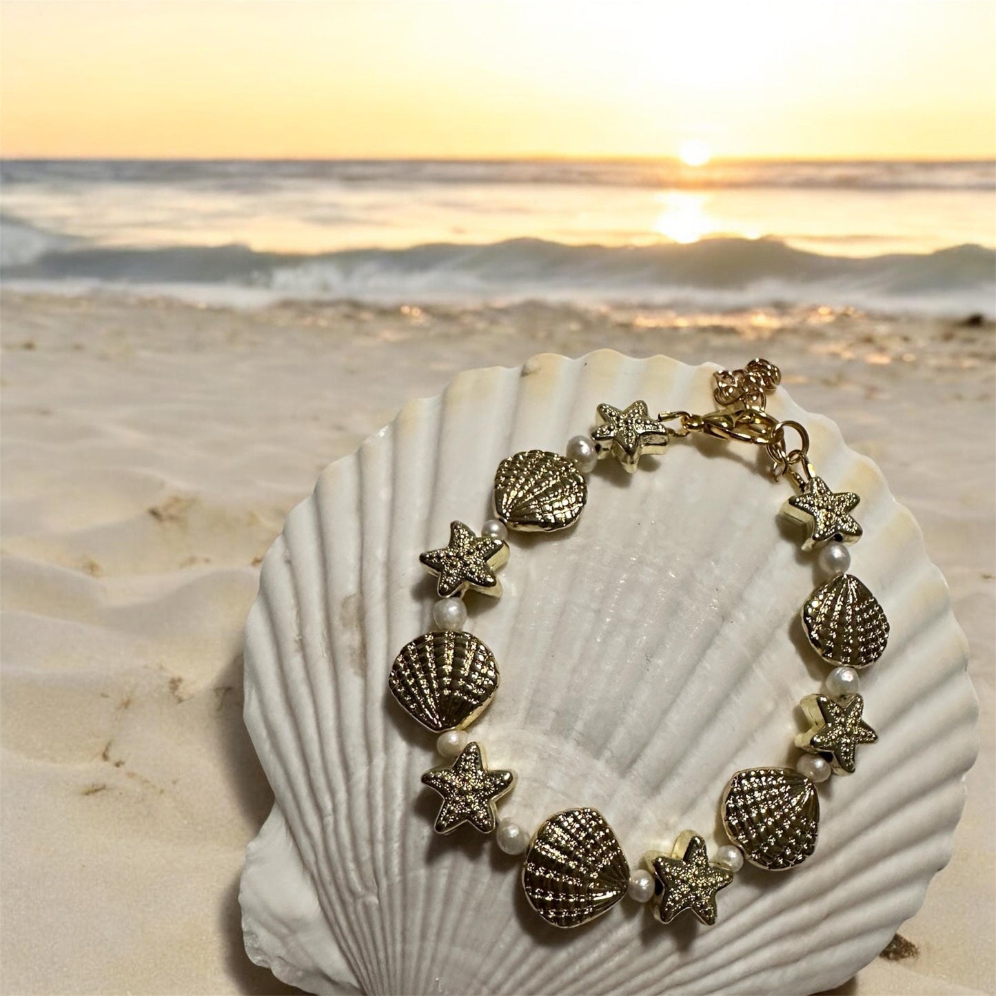 Seashell and Starfish Freshwater Pearls Beaded Handmade Coastal Bracelets - Shella Bella Vacation Florida Beach Gold Silver