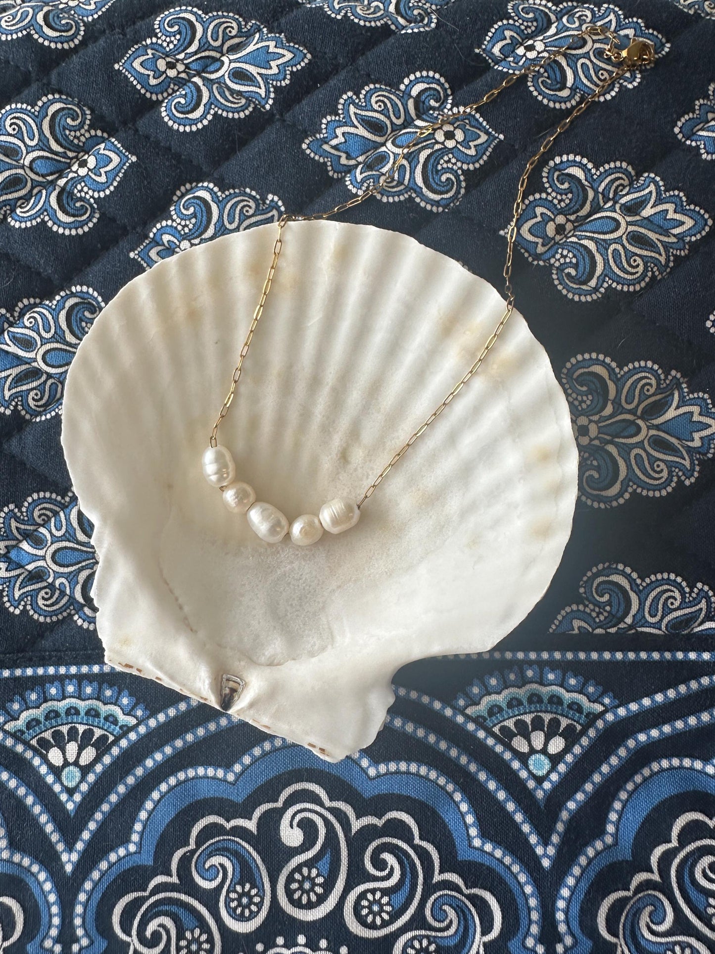 Pearl Necklace adjustable length stainless steel chain rice pearls.