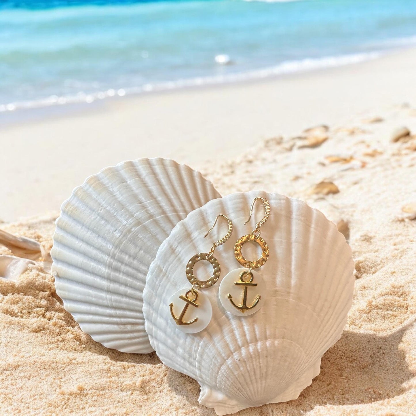Anchor and Shell Handmade Earrings; Beach, Ocean, Vacation, Sun, Cruise Accessories and Jewelry - Shella Bella