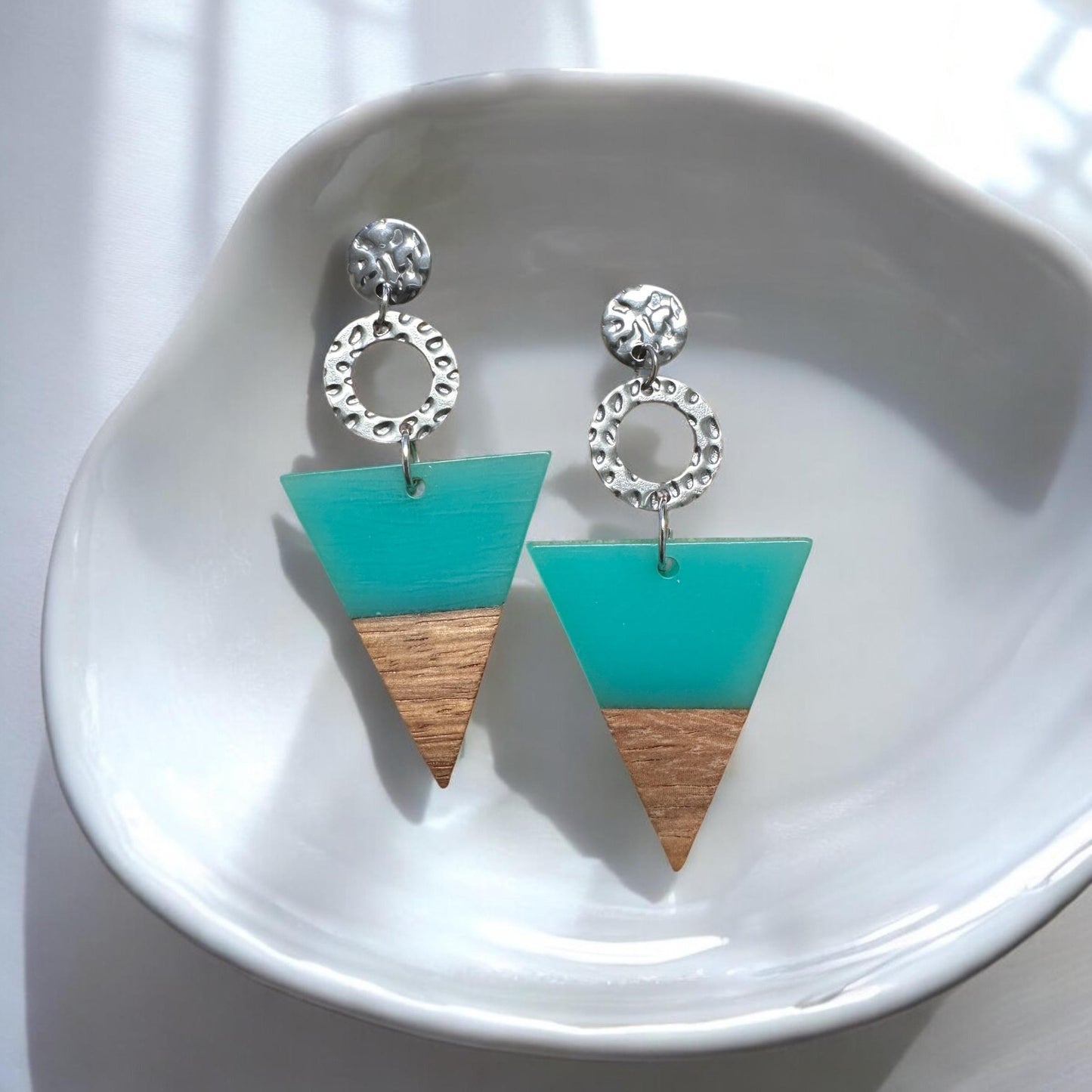 Geometric Triangle Wood and Acrylic Handmade Earrings; Beach, Ocean, Vacation, Sun, Cruise Accessories and Jewelry - Shella Bella