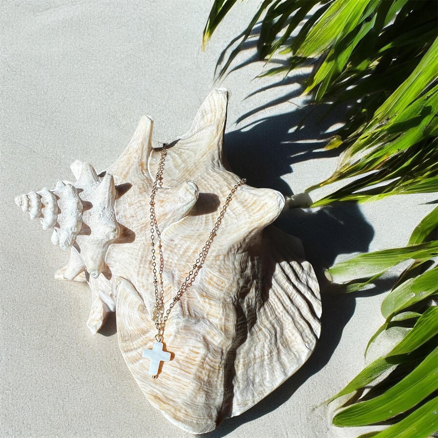 Mother of Pearl Cross Necklace; Beach, Ocean, Easter, Vacation, Sun, Cruise Accessories and Jewelry - Shella Bella