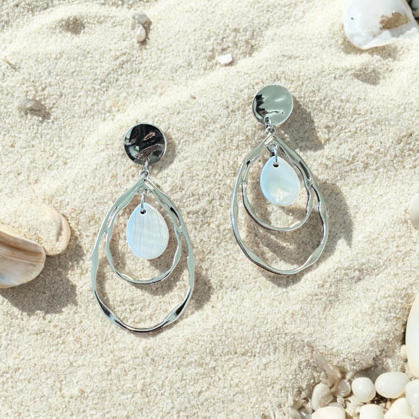 Hammered Teardrops and Natural Seashell Handmade Earrings; Beach, Ocean, Vacation, Sun, Cruise Accessories and Jewelry - Shella Bella